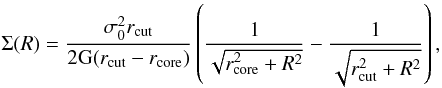 \begin{equation} \label{eq:piemd_2d} \Sigma(R)=\frac{\sigma_0^2 r_{\rm cut} }{2\mathrm{G}(r_{\rm cut}-r_{\rm core})}\left(\frac{1}{\sqrt{r_{\rm core}^2+R^2}}-\frac{1}{\sqrt{r_{\rm cut}^2+R^2}}\right), \end{equation}